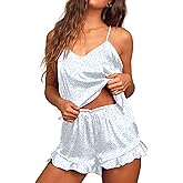 Ekouaer Satin Pajama Set for Women 2 Piece Camisole Top and Shorts Silk Lingerie with Ruffle Floral Nightwear