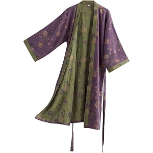 Purefair 100% Cotton Gauze Jacquard Floral Kimono Robe, Long Knit Loose Loungewear Bathrobe Nightgown Sleepwear for Women