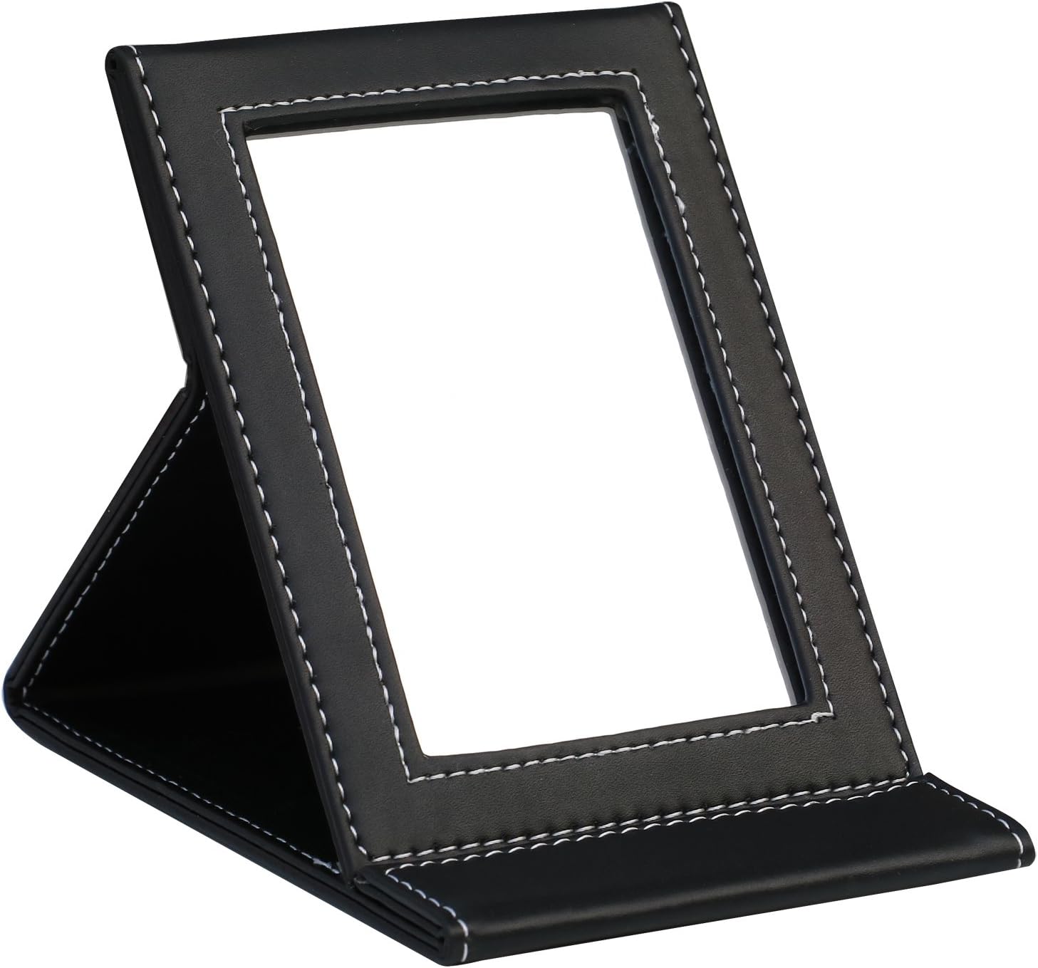 TRIXES 11.5cm x 7.5cm Folding Compact Vanity Make-Up Mirror with Black Vegan Leather Frame Stand