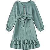 blibean Girls Cotton Long Sleeve Dresses Ruffled Semi Formal Dress Size 6-15 Years