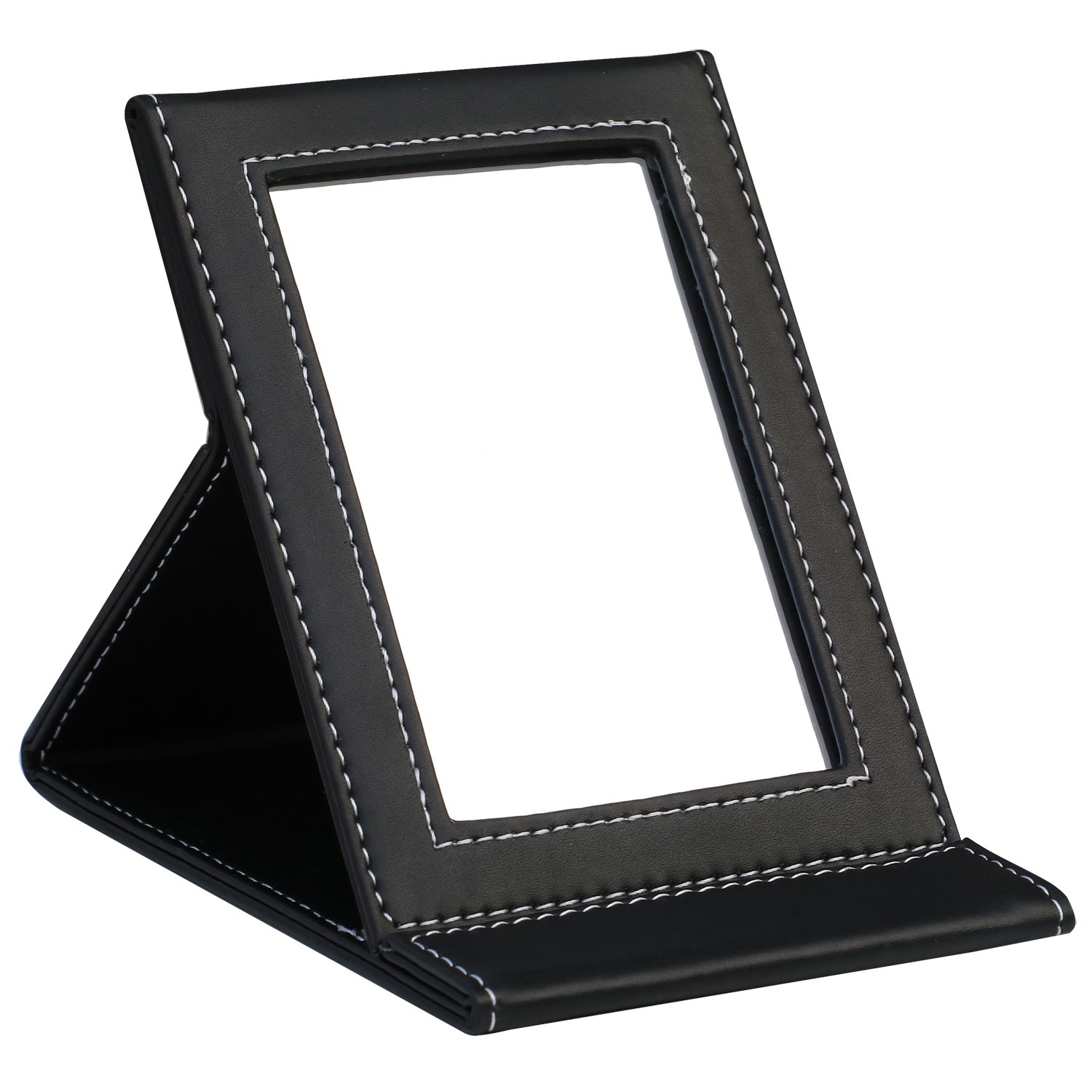 TRIXES 11.5cm x 7.5cm Folding Compact Vanity Make-Up Mirror with Black Vegan Leather Frame Stand - Rectangular Portable Folding Mirror, PU Leather Travel Accessory - Free Standing - Tabletop