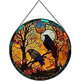 Payutou Crow Pattern Suncatcher Stained Glass,Hanging Stained Glass for Windows for Bird Lovers,20cm/7.87inch Sun Catcher Garden Hangings Ornaments Halloween Fall Christmas Decor for Home