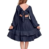blibean Girls Long Sleeve Dress Tween Winter Tie Back Dresses Teen Casual Wedding Guest Smocked Holiday Clothes Big Kids Boho