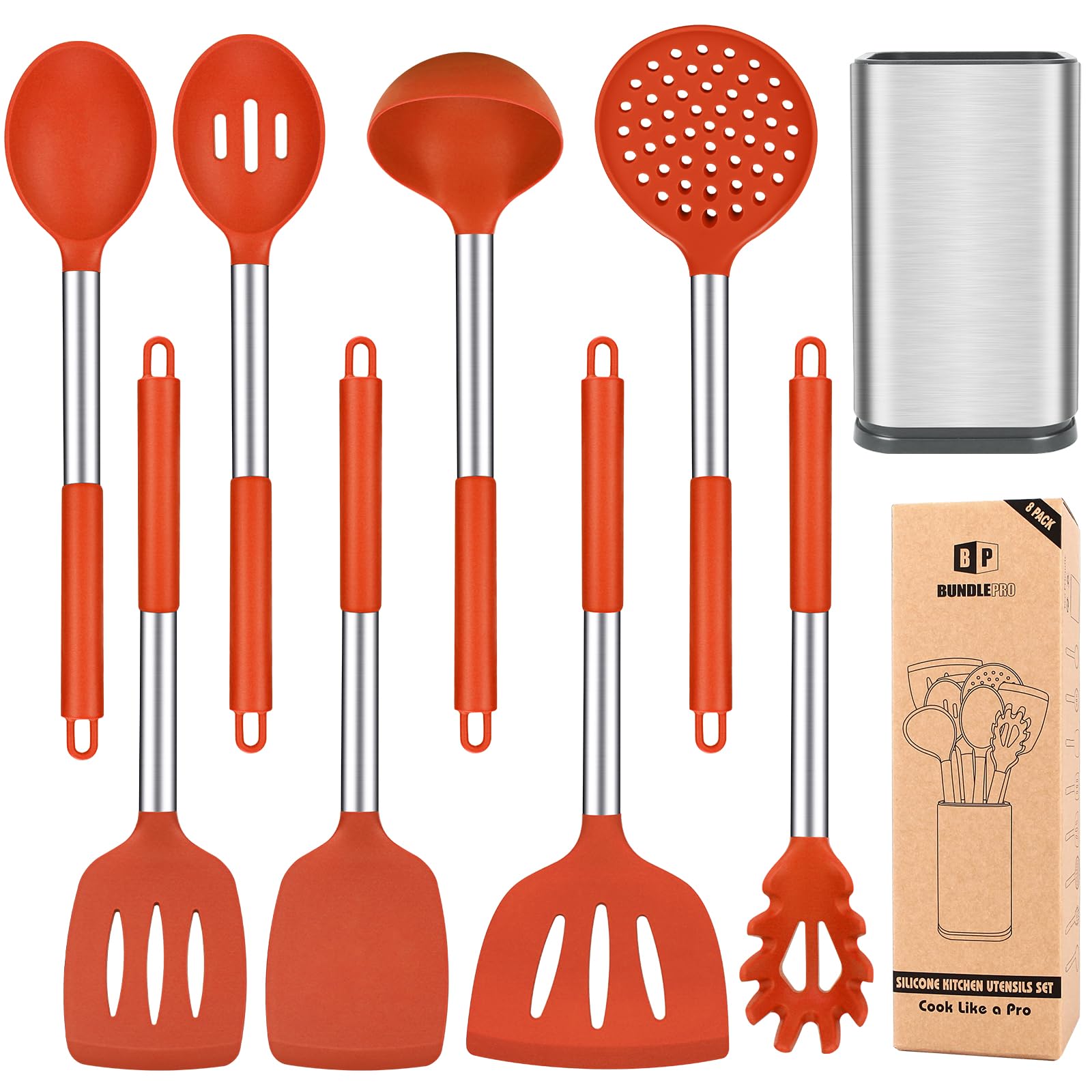 Silicone Cooking Utensil Set with Holder, 8 Pcs Non-Stick Cookware with Stainless Steel Handle, BPA Free Heat Resistant Kitchen Tools with Spatulas, Turners, Spoons, Skimmer and Pasta Fork (RED)
