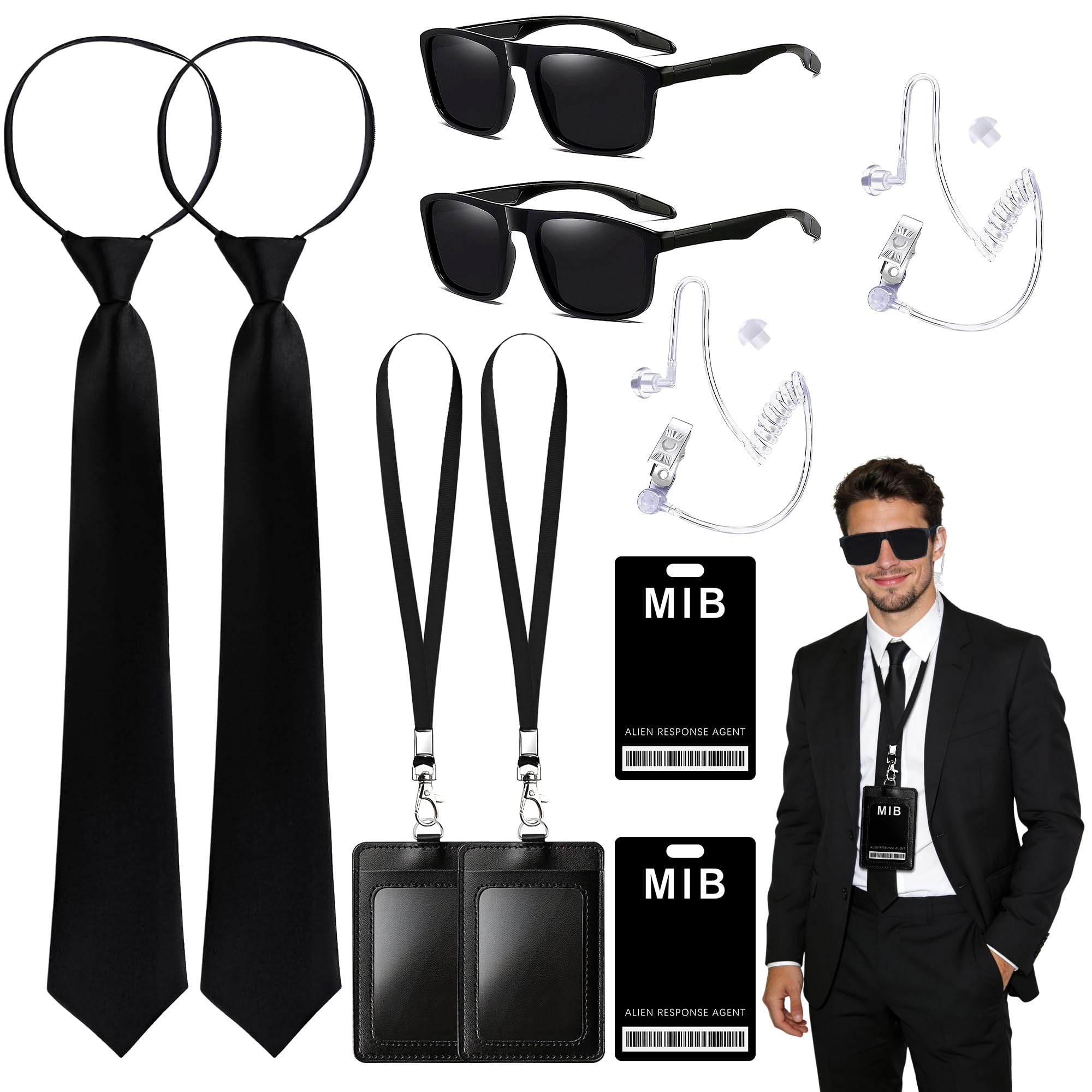 Horolam Agent Costume Accessories, Secret Service Costume Set Spy Costume Accessories with Black Sunglasses Zip Tie Earpiece ID Card and Card Holder for Men Women Kids for Cosplay Party (Double-pack)
