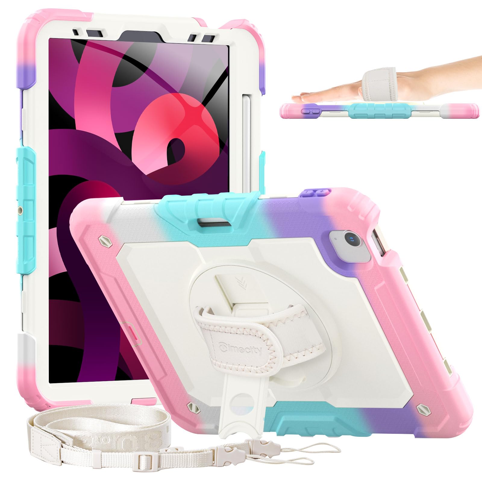 Photo 1 of Timecity Case for iPad Air 5th 4th Generation 2022/2020, for iPad Air 10.9 inch with Screen Protector/360 Degree Swivel Stand/Hand/Shoulder Strap/Pencil Holder Protective Case- Pink Camo