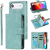 RANYOK Wallet Case Compatible with iPhone 17 Air Case, with 6 Card Holder RFID Blocking, PU Leather Zipper Flip Wallet Pocket, Kickstand, Wrist Strap | Protective Phone Cover for 17 Air, Light Blue