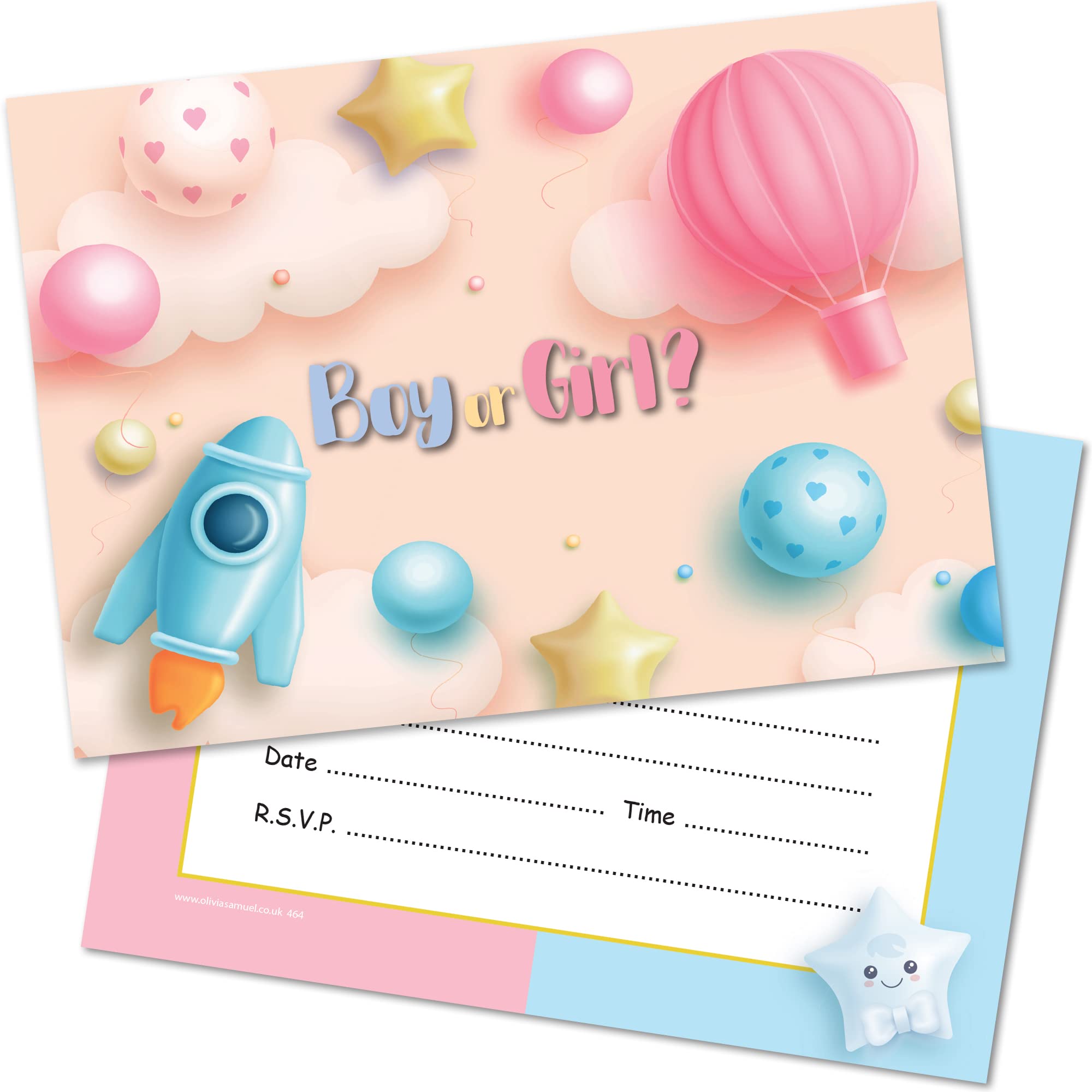 Olivia Samuel 20 x Gender Reveal Party Invites - Ready to Write with Envelopes - Designed and Printed in the UK