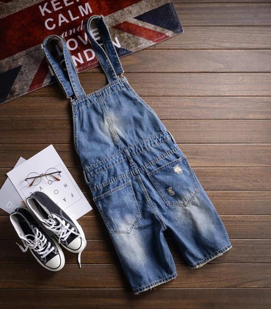 Men's Plus Size Knee Length Ripped Denim Bib Overalls Shorts Denim Fit