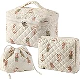 RSRSLEII 3Pcs Aesthetic Cotton Quilted Drawstring Makeup Bag Set, Aesthetic Cute Bow Makeup Pouch for Girls and Women, Aesthetic Travel Organized Cosmetic Bags for Purse(01Bear)