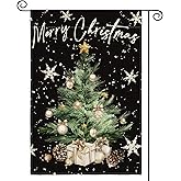 AVOIN colorlife Snowflake Merry Christmas Garden Flag 12x18 Inch Double Sided Outside, Winter Holiday Christmas Tree Yard Outdoor Flag Black