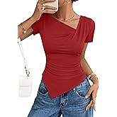 ZESICA Asymmetrical Short Sleeve Shirts for Women 2026 Summer Going Out Tops Ruched Outfits Fashion Y2K Clothes