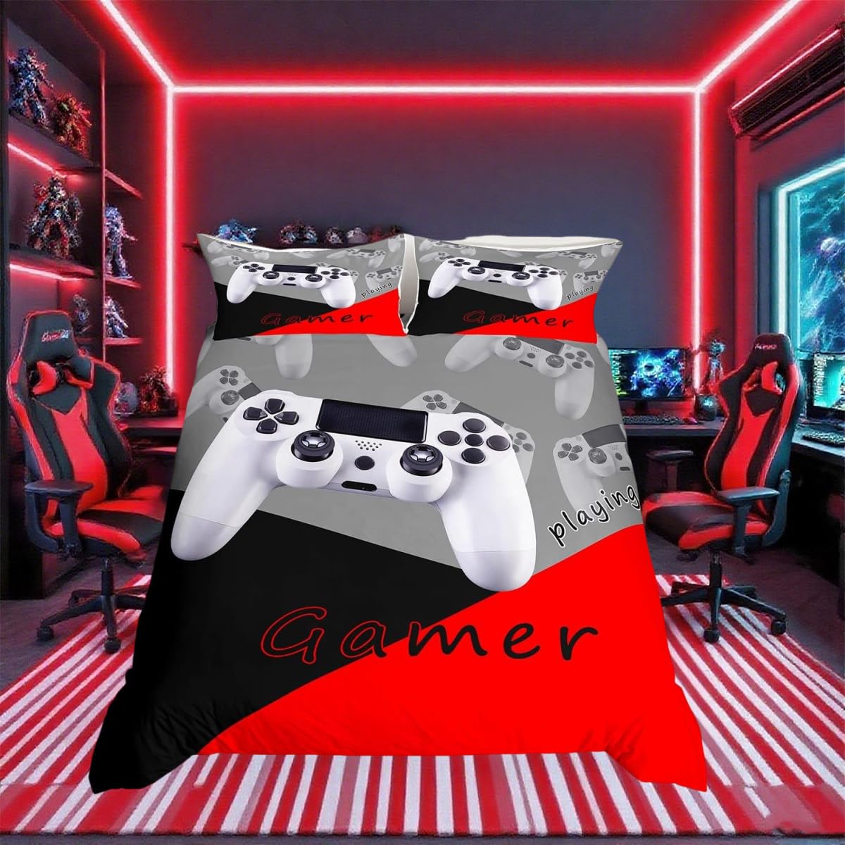 Loussiesd Gamer Duvet Cover White Video Game Gamepad Bedding Set for Boys Girls 3D Gaming Comforter Cover Modern Game Controller Bedspread Cover Red Black Grey Double Size Quilt Cover 3Pcs