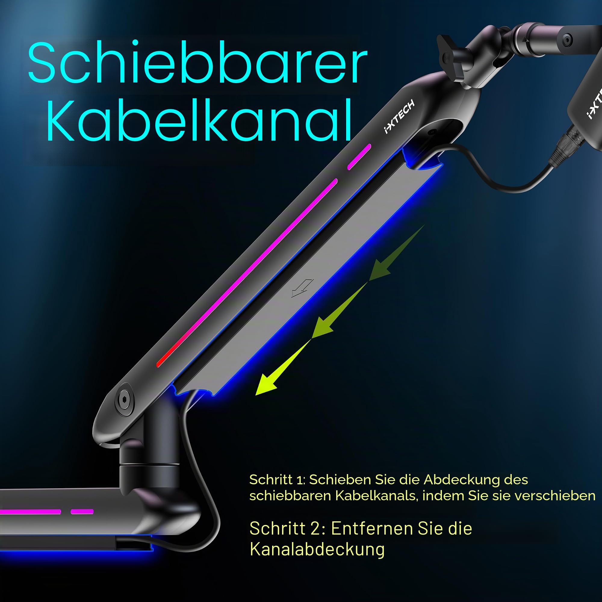 IXTECH RGB Low Profile Galgenarm für Mikrofon, verstellbarer Mikrofonarmständer mit Tischhalterungsklemme, drehbarer Mikrofonarm Mikrofonständer mit Kabelmanagement für Podcast-Streaming, 7