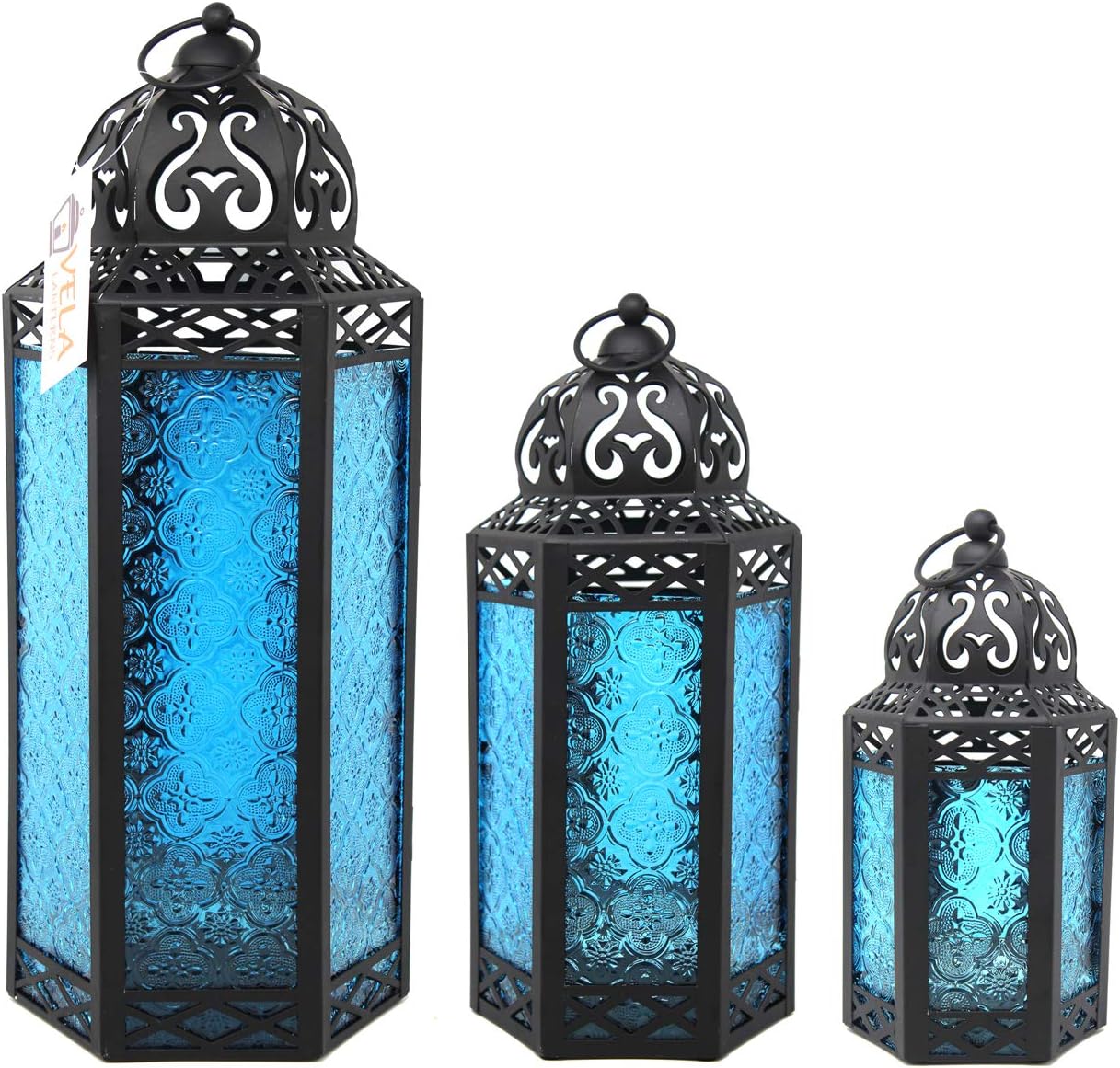 Moroccan Style Candle Lanterns, Blue Glass, Set of 3 Amazon.co.uk