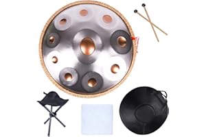 LingTing Handpan Drums Sets 22 inches D Minor Steel Hand Drum with Soft Hand Pan Bag, 2 handpan mallet,Handpan Stand,dust-free cloth (Ash-gold,10 Notes)