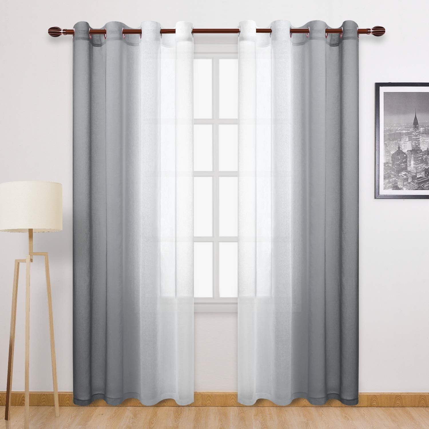 Window Treatments - DWCN Grey Faux Linen Ombre Sheer Curtains - Semi Voile Gradient Grommet Top Curtains for Bedroom and Living Room, Set of 2 Window Curtain Panels, 52 x 84 Inches Long