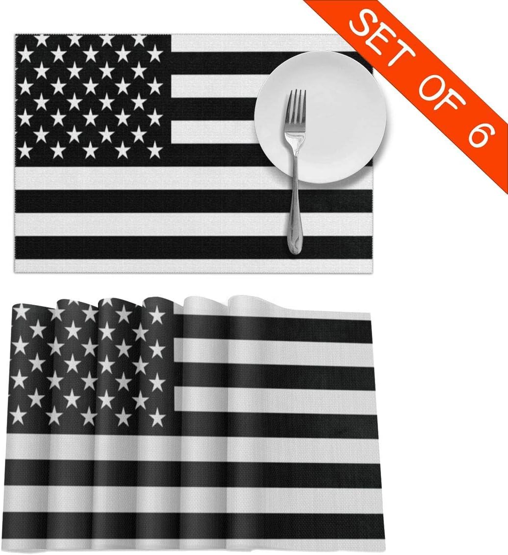 Mount Hour Black and White American Flag Placemats Set of 6 Heat-Resistant Washable Table Non-Slip Place Mat for Dining Table 12 X 18 Inches