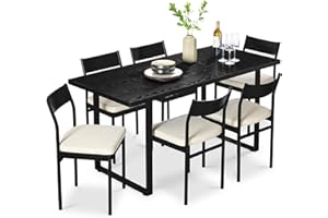 Best Choice Products 7-Piece Modern Dining Room Set, Kitchen Table Set, Dining Table w/ 6 Chairs, Upholstered Cushions, Solid Metal Frame, Curved Backrest - Black/Ivory