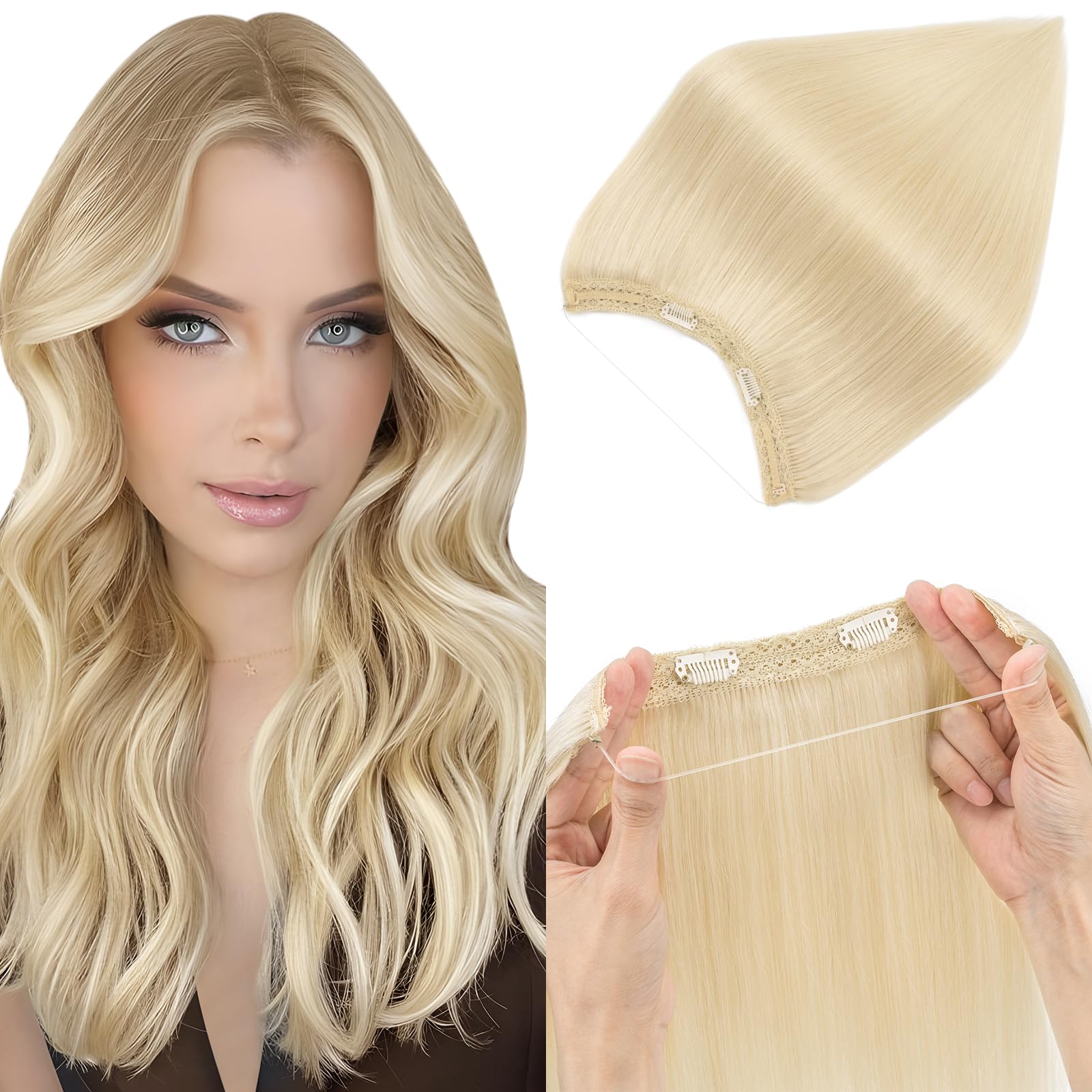 Elailite Hair Extension Real Human Hair One Piece Invisible Secret Wire Clip Headband Extension Straight (#60 Platinum Blonde, 16 Inch-65 g) โ image 1