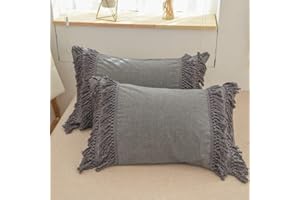 Softta Grey Tassel Pillow Shams 20x30 inches Washed Cotton 2Pcs （1 Pairs） Vintage Boho Pillow Covers Twin/Full/Queen Size (NO Comforter NO Filling) Grey