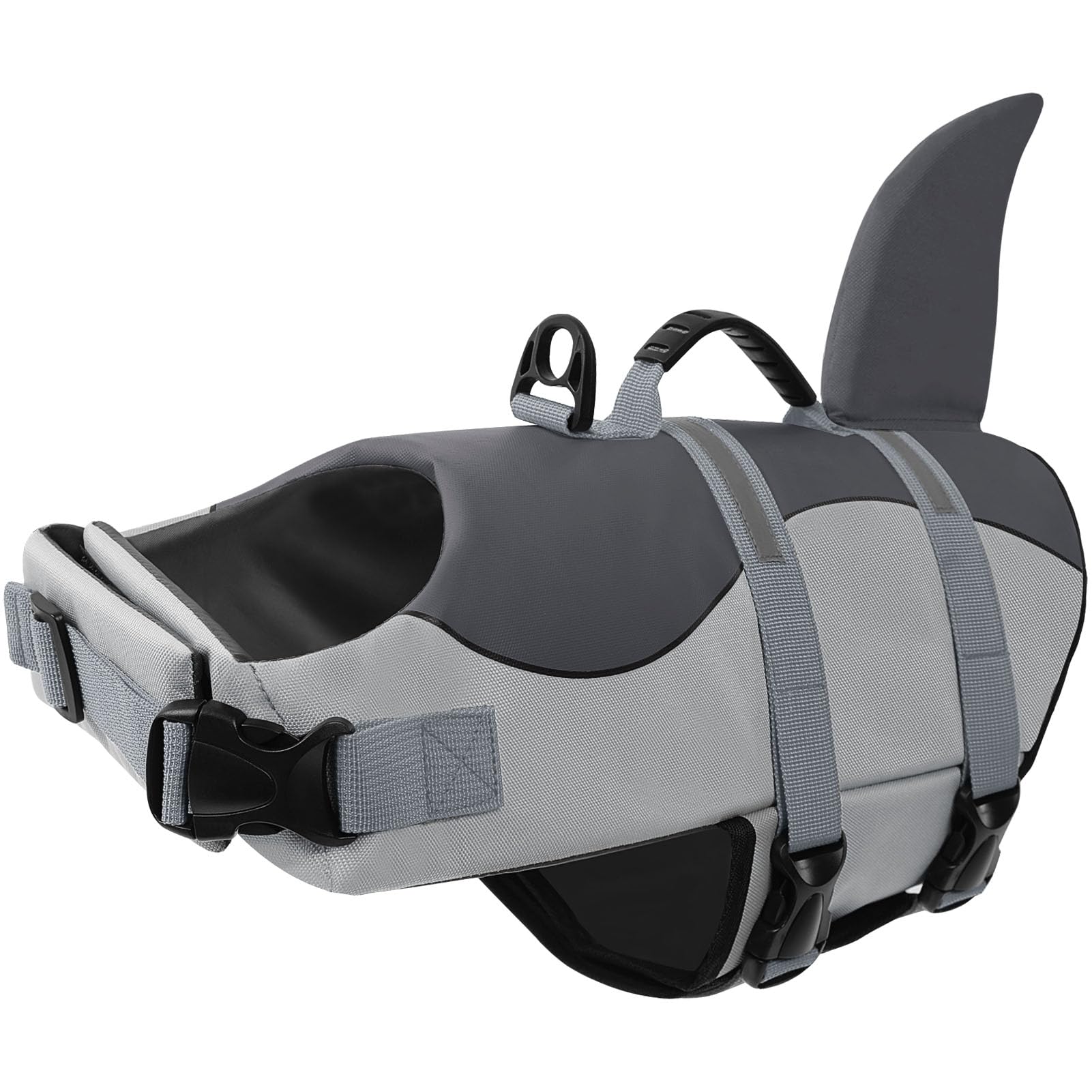 CITÉTOILE Dog Life Jacket Shark Costume, Puppy Safety Vest for Swimming Pool Beach Boating, Training Flotation Vest with Rescue Handle & Reflective Strips for Dogs, Grey, XS