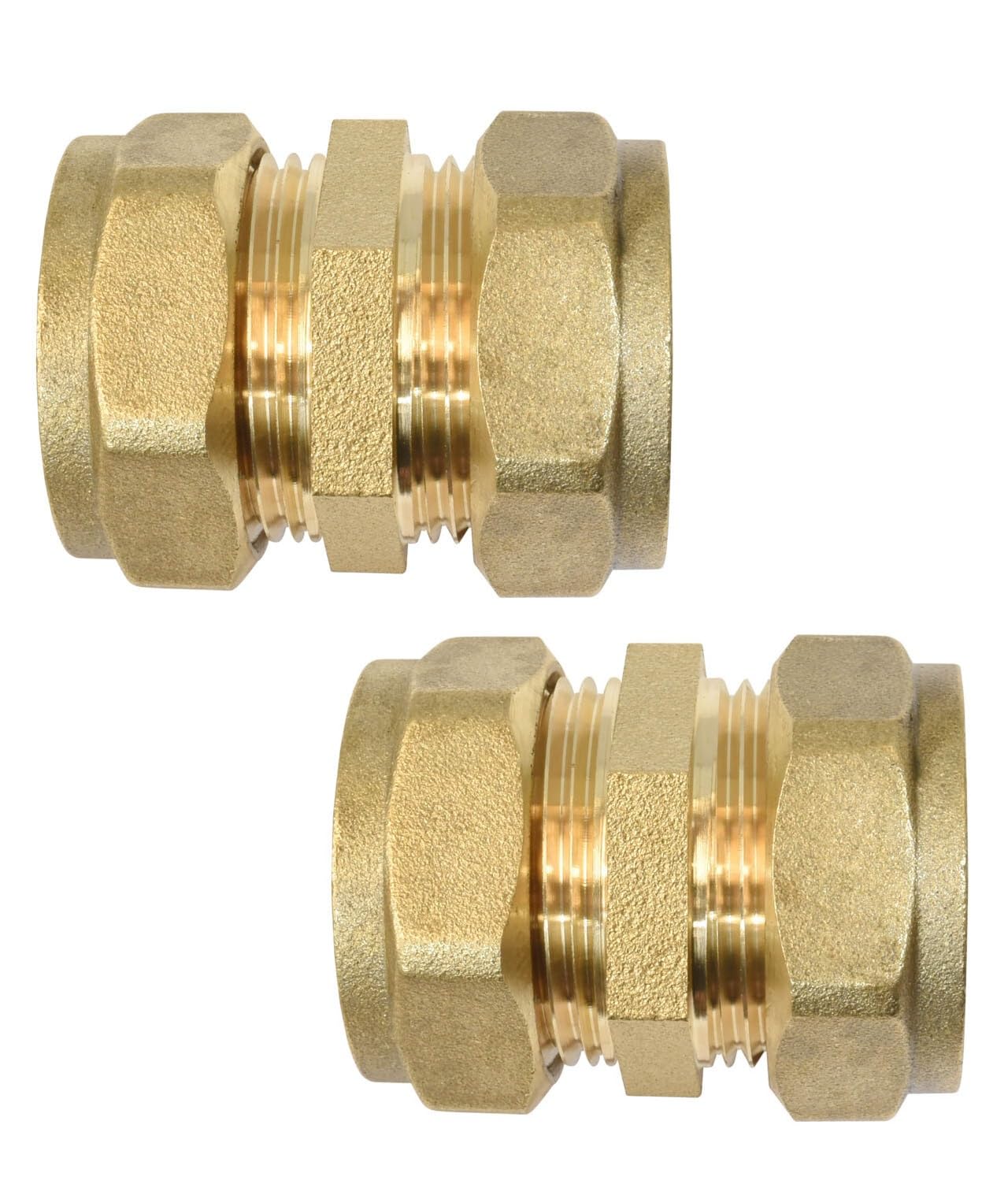 22mm Brass Compression Coupler Straight for Copper, Plastic Pipe WRAS & BS Approved for Hot Cold Water Heating Cooling (Pack of 2)