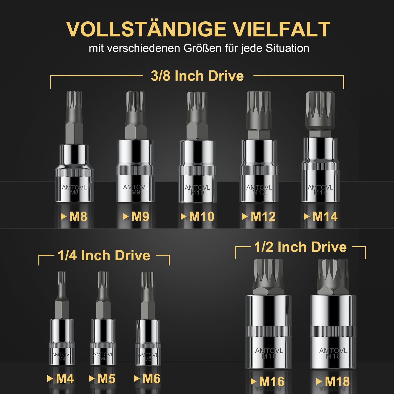 AMTOVL Innenvielzahn Nuss Satz 15 Stück XZN M4-M18 Vielzahn Nuss Set S2 Stahl Antriebs Steckschlüsselsatz Drive Größe 1/4 3/8 1/2 Zoll mit Aufbewahrungskoffer 3