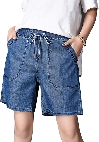 elastic waist denim shorts