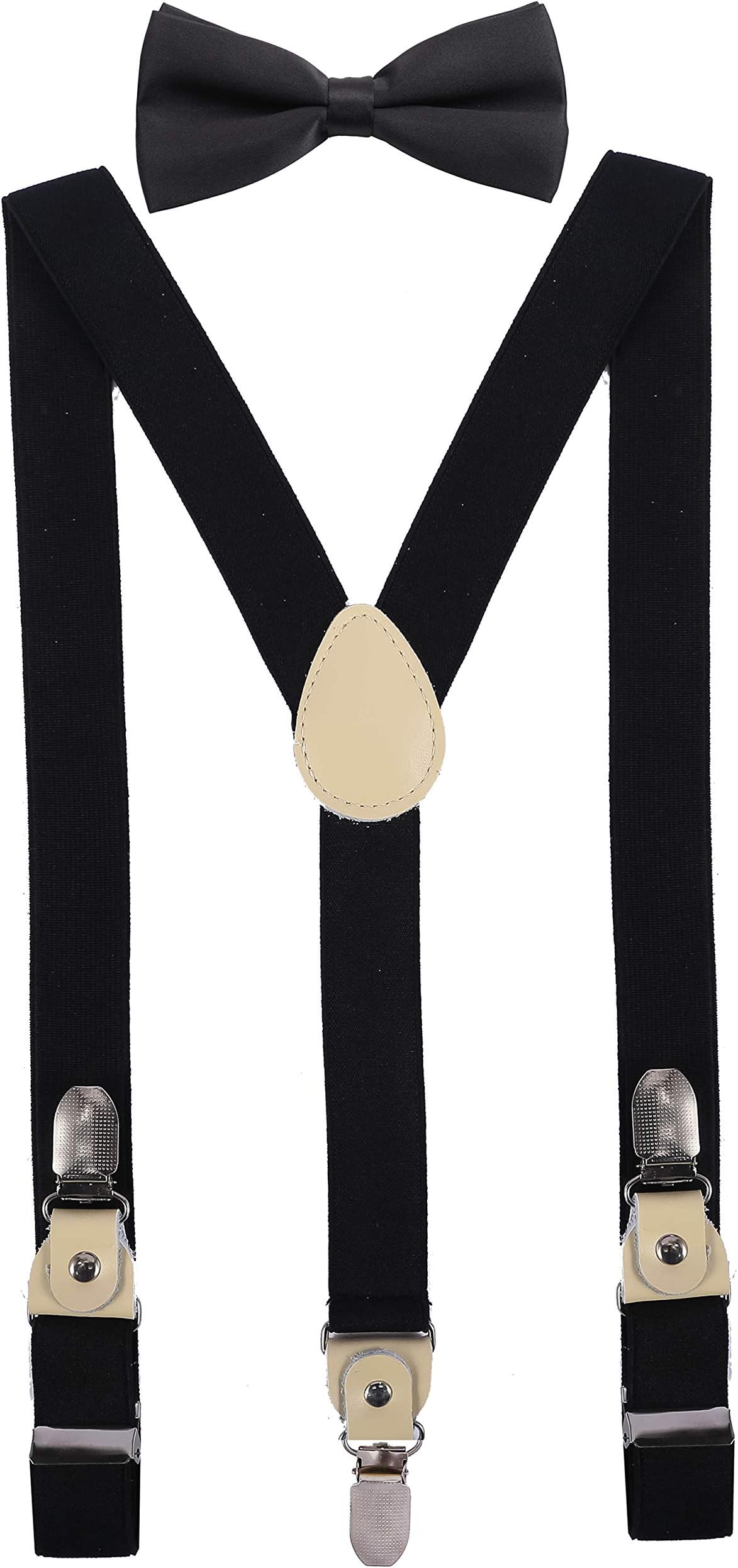 YJDS Boy's Men's Suspenders and Bow Tie Set - White Leather with Strong Clips