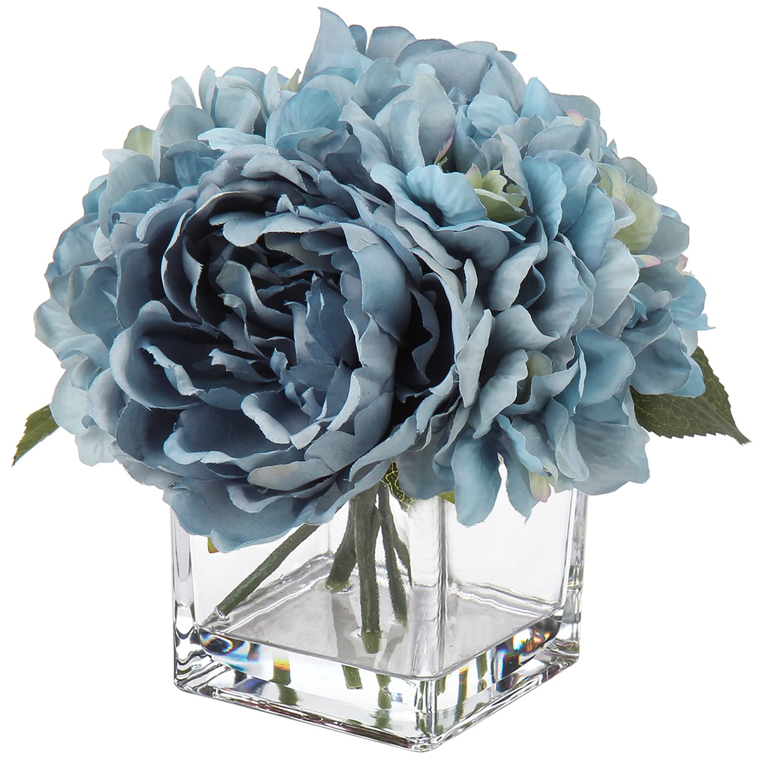 Briful Fake Flowers in Vase Silk Peony Hydrangea Flowers with Faux Water for Home Wedding Party Decoration Artificial Flowers Peony Hydrangea in Glass Pots for Table Centerpieces - Blue
