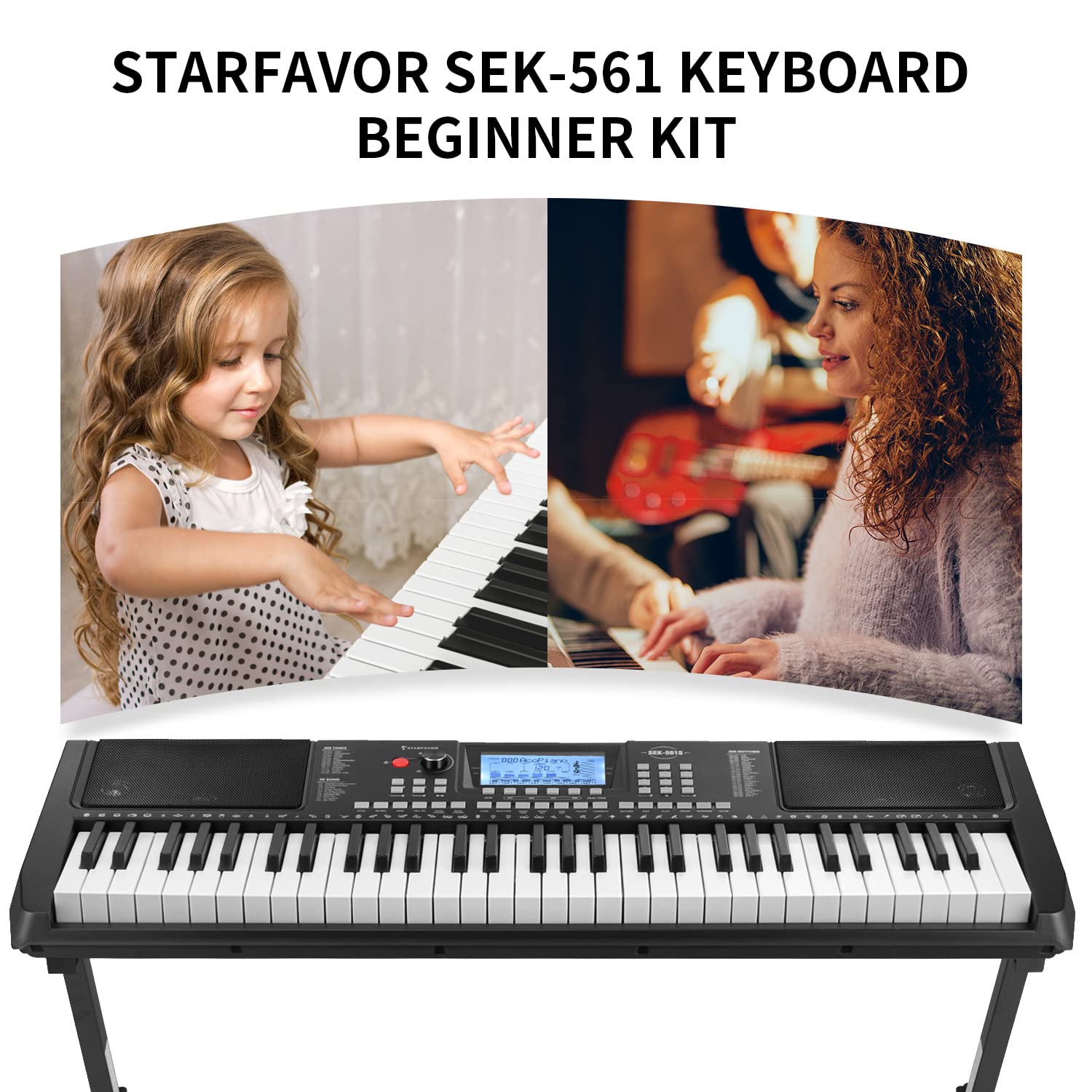 Starfavor 61 Key Electronic Keyboard Piano with LCD Display, Portable Electric Music Piano for Beginners Professions, include Z-style Stand, Bench, Microphone, Headphone, Keynote Stickers (SEK-561)