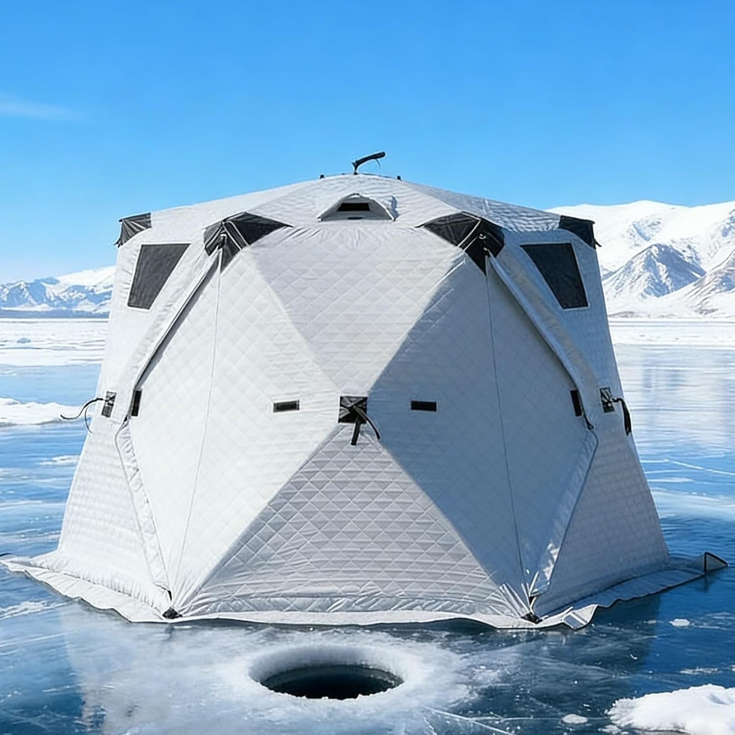 Insulated Ice Fishing Tent 6-12 Person, Multi-Season Pop-Up Ice Shelter with Stove Jack, 210D Oxford Insulated Ice Shanty with 360° Panorama Windows, for Winter Camping Fishing(Silver,3.5x3.5m)