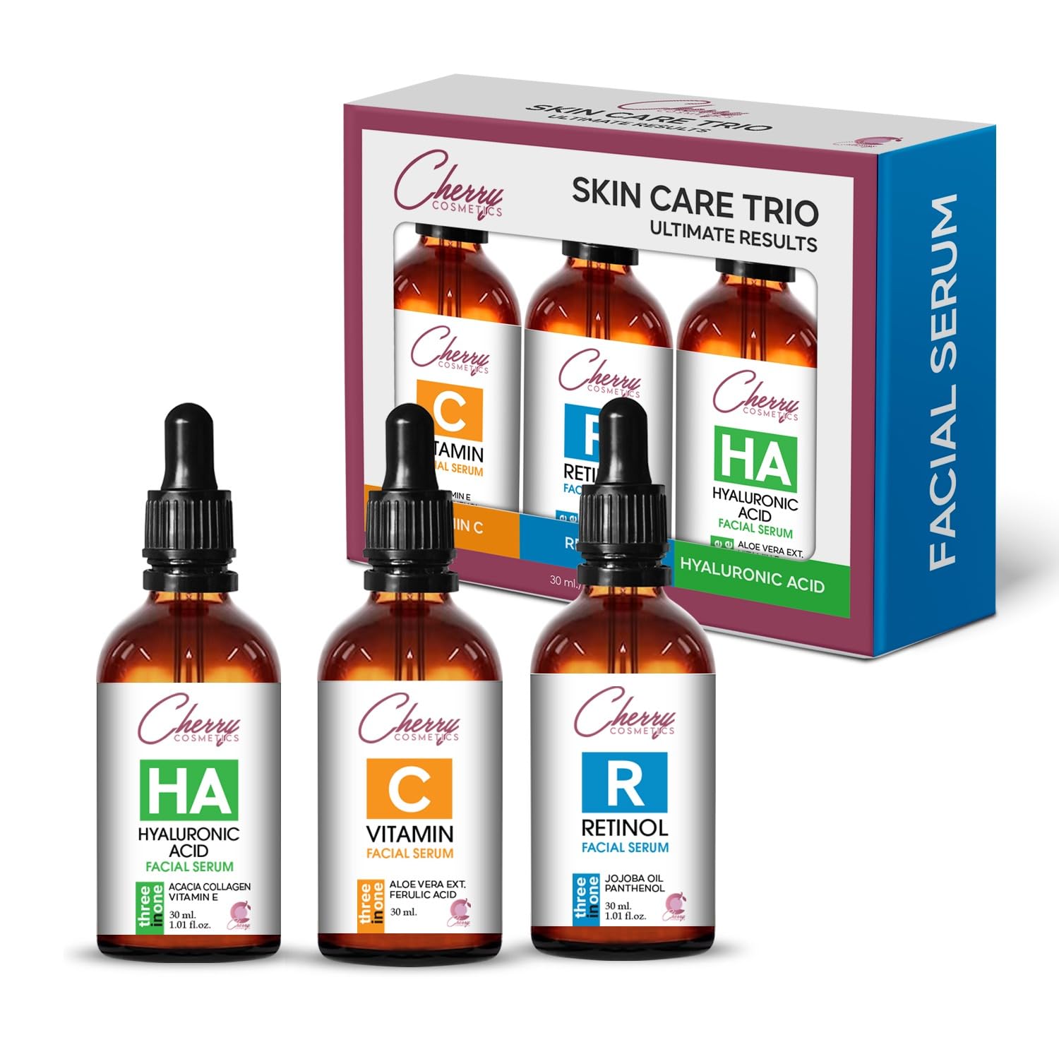 Skincare Set with Vitamin C, Retinol and Hyaluronic Acid. Face Serum Trio with Anti-Ageing, Anti-Wrinkles, Pigment Spots, Pimples and Age Spots