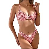 SOLY HUX Women's Plaid Gingham Bikini Set Bowknot Spaghetti Strap High Cut Bathing Suit Two Piece Swimsuit