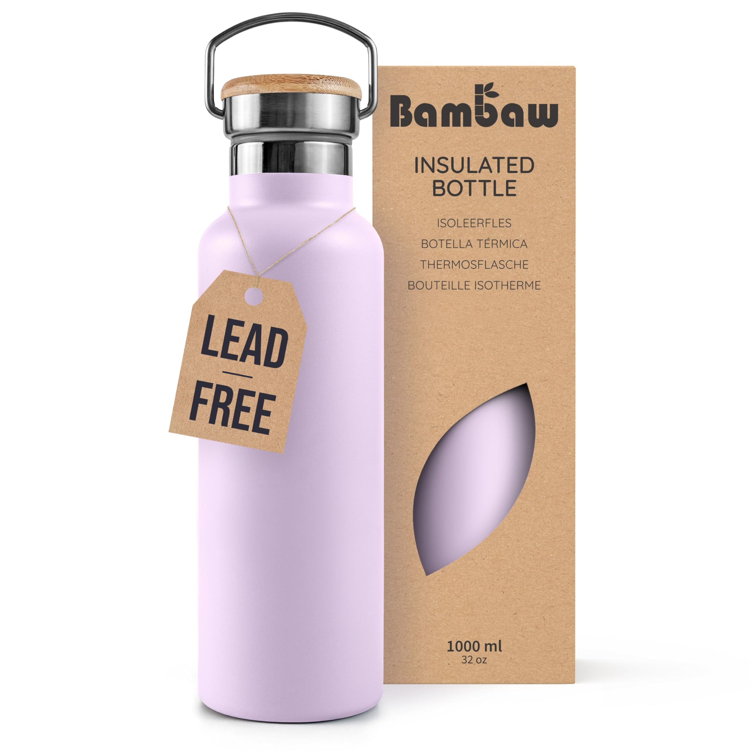 Bambaw Insulated 1 Litre Metal Water Bottle, 1 Litre Water Bottle Stainless Steel, Keeps Drinks Hot 12h & Cold 24h, Wide Mouth for Easy Cleaning, Reusable & Rust-Resistant (Lavender Haze)