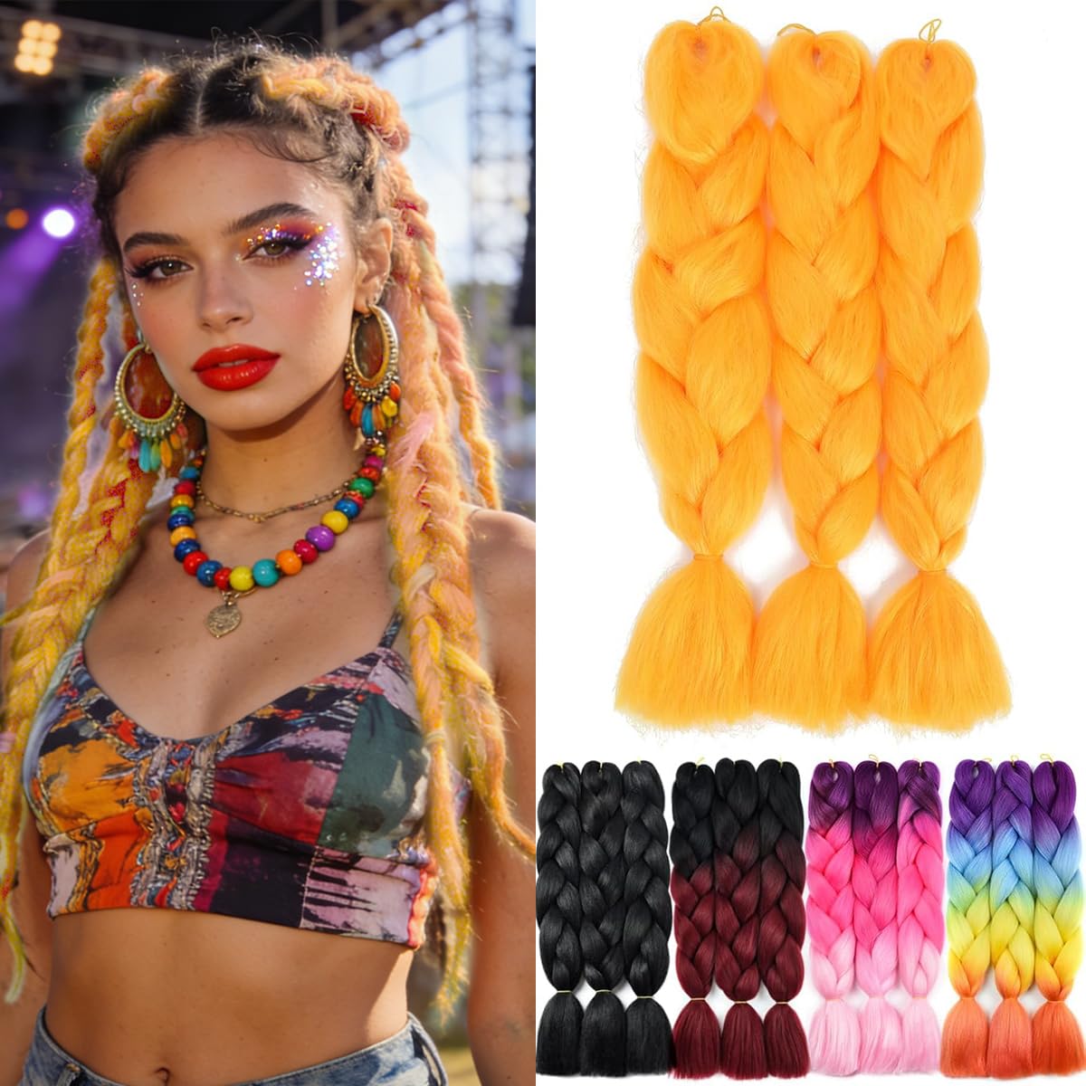 Yamel Braiding Hair Extension,Kanekalon Braiding Hair for Braiding Crochet Twist Box Braids Hair 24 Inch 3pcs Orange Jumbo Braiding Hair