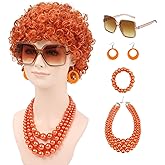 DACHAO Women Short Curly Orange Red Wig with Sunglasses Necklace and Earrings Bracelet for Party Cosplay Halloween Costume Wig