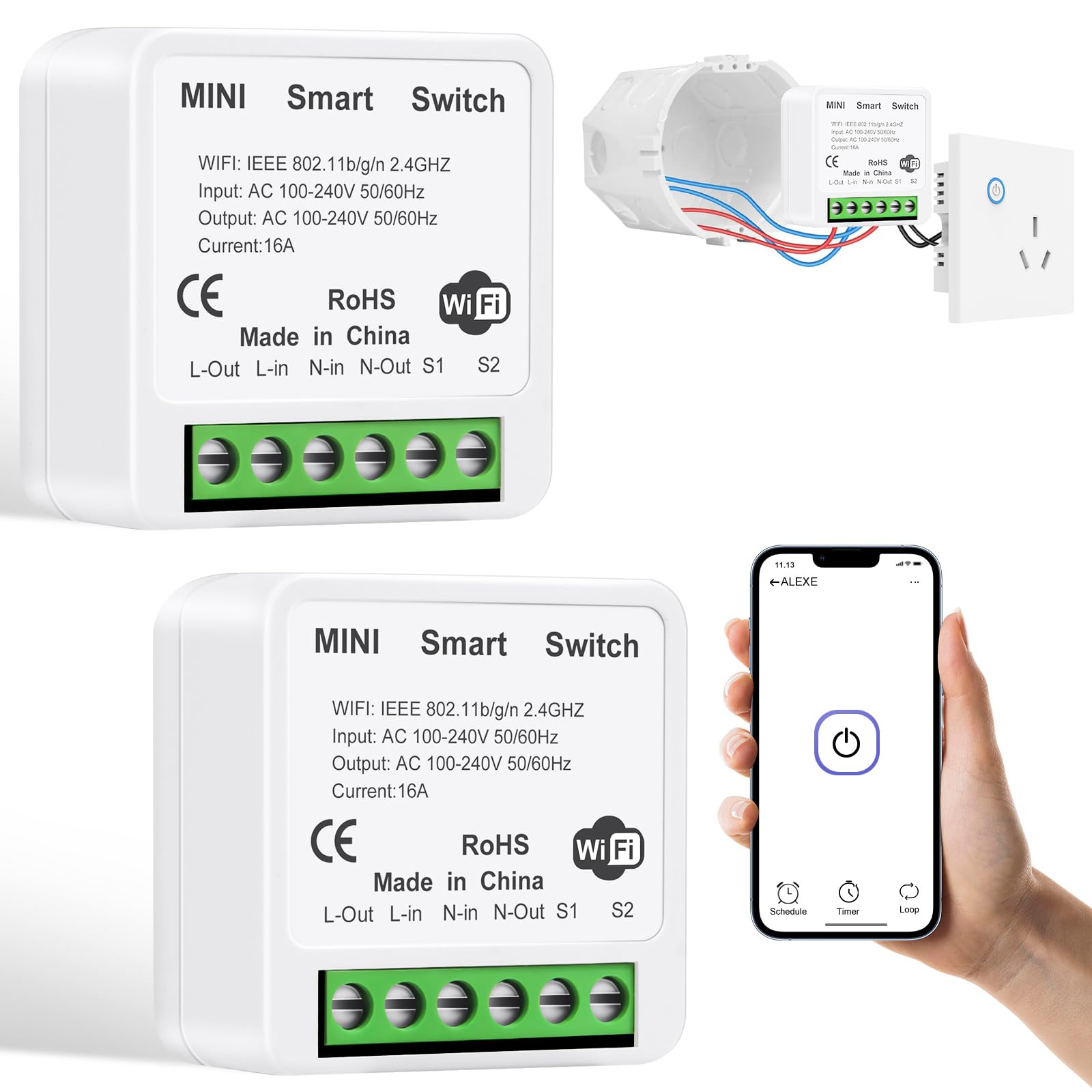AXFEE 2PCS Mini Smart Light Switch, Smart Relay Switch Remote Control, Wireless Smart Switches for Lights Compatible with Alexa Echo and Google Home, Support 1 Way or 2 Way (Without Remote Control)