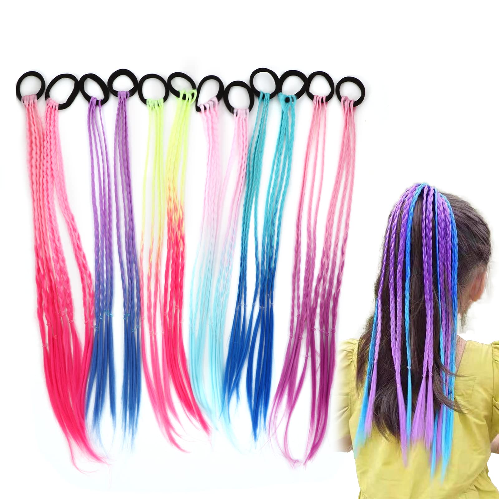 Photo 1 of 18 Inch Girls Rubber Bands Hair Extensions for Kids Crazy Hair Day Accessories Colorful Wigs Colored Braids for for Girls Women Hair with Rubber Bands Rainbow Braided Synthetic Ponytail for 12pcs