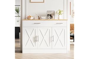Vongrasig 43” Sideboard Buffet Cabinet with Storage, Farmhouse Coffee Bar with Drawers and Shelves, Wood Buffet Table for Kitchen, Dining Room, White
