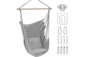 Athena Collection Hammock Chair Hanging Rope Swing Chair with 2 Cushions, Max 350 Lbs, Hanging Macrame Chair with Anti-Slip Grooves Spreader Bar and Pocket for Outdoor Indoor Patio Yard, Gray