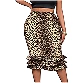Floerns Women's Plus Size Cheetah Elastic Waist Bodycon Skirt Layered Knee Length Skirt