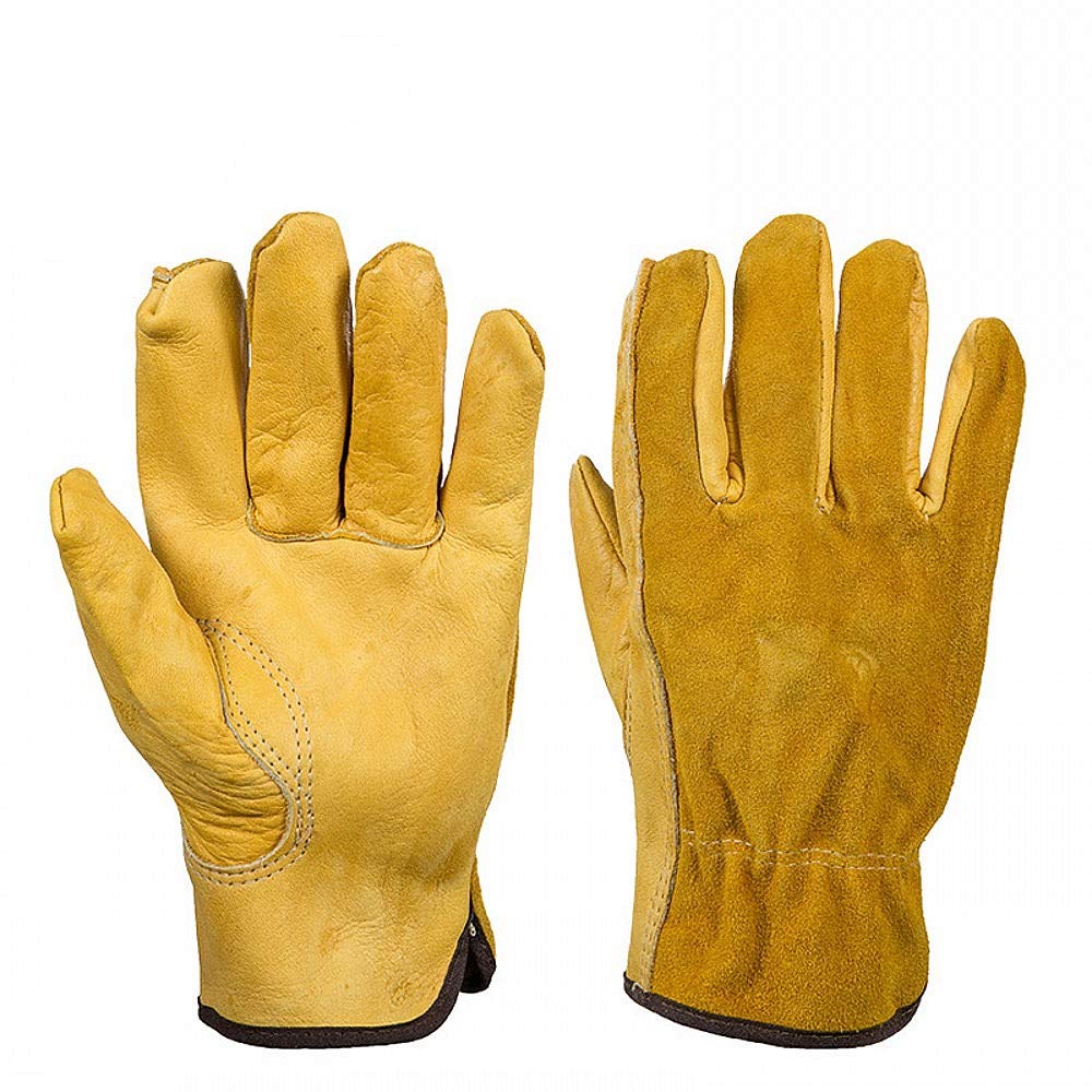 JZK Heavy duty Extra Large thorn proof gardening gloves for men, Yellow leather work gloves, full finger garden gloves, XL