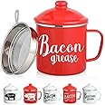 46OZ LARGE Bacon Grease Saver with Fine Mesh Strainer & Handle - Enamel Oil Keeper Container, Bacon Fat Dripping Can - Farmhouse Kitchen Gift & Decor Cooking Accessories - Red, Style 3