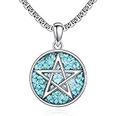 CUPENDA Pentagram Necklace 925 Sterling Silver Pentagram Pentacle Turquoise/Moonstone/Abalone Shell Pendant Necklace Wiccan Pagan Valentine's Day Jewelry for Women Men