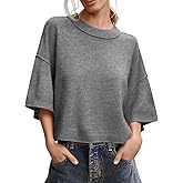 Saodimallsu Womens Short Sleeve Sweater Summer Oversized Cropped Sweaters Casual Crewneck Lightweight Knit Tops