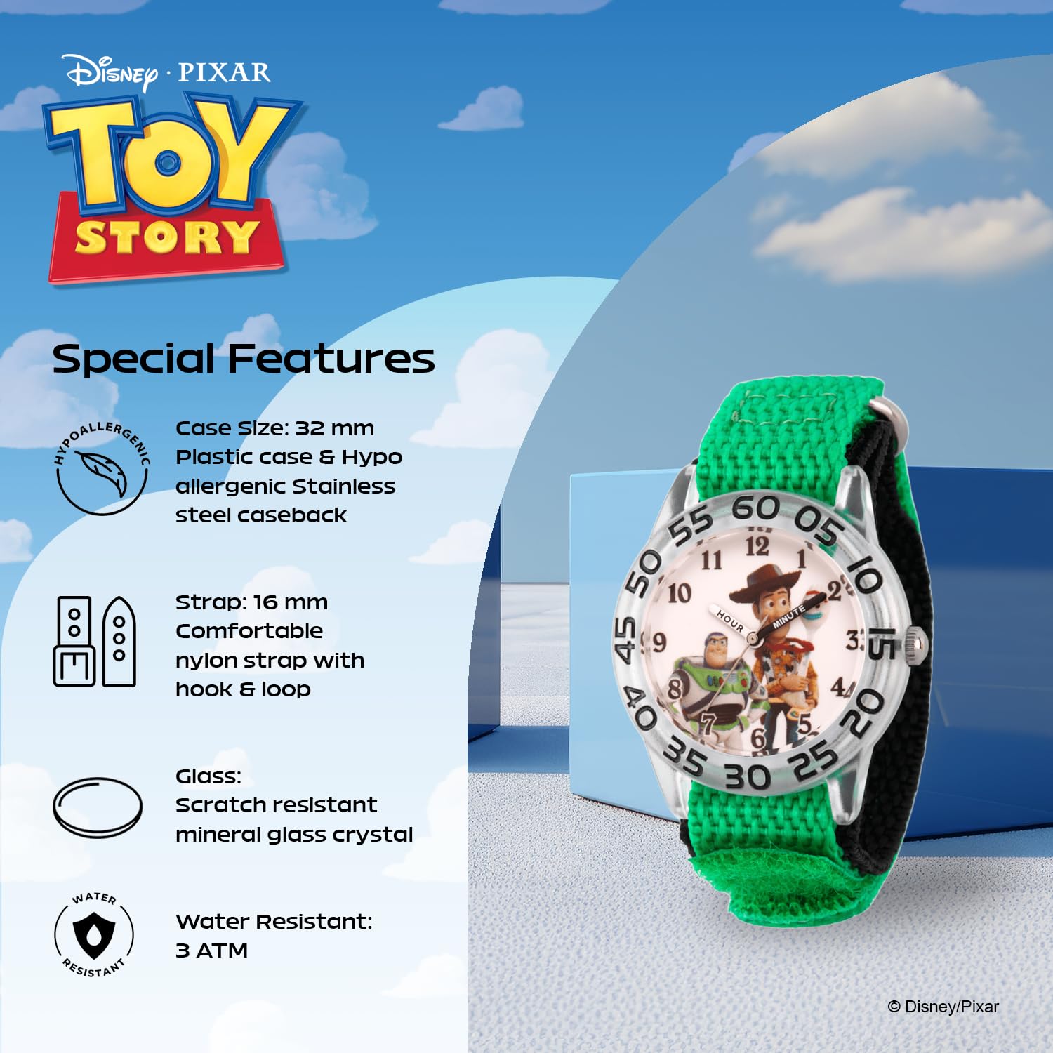 Disney Pixar Toy Story Watch for Boys Ages 3–7 – Featuring Woody and Friends Dial – Great Gift for Kids Who Love Toy Story Toys – Silver Case, Clear Bezel, and Green Fabric Strap with Velcro