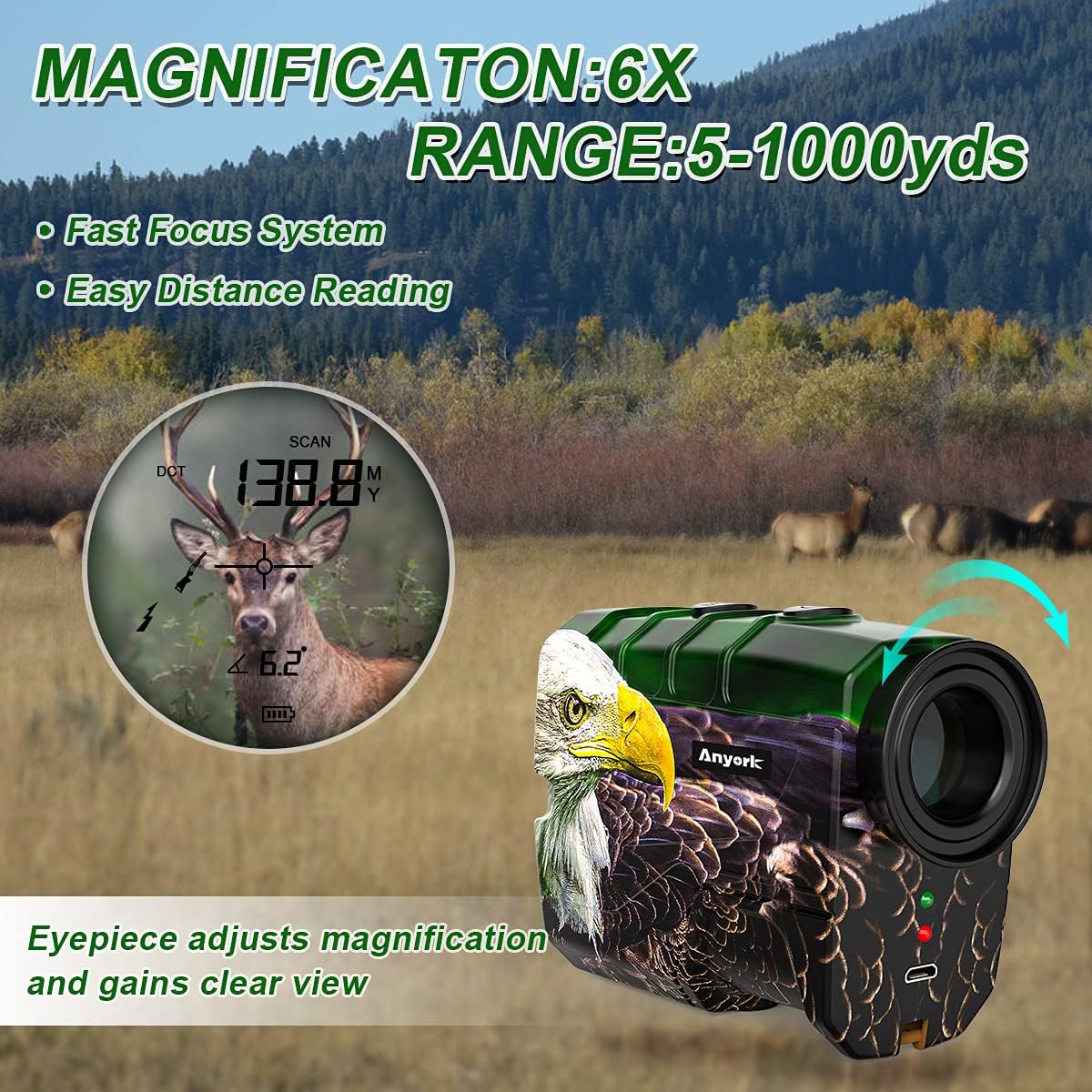 Anyork Hunting Rangefinder with Rechargeable Battery, 1000 Yards Laser Range Finder for Bow Hunting, 6X Magnification Archery Rangefinder with Scan Distance Angle, Carrying Case : Sports & Outdoors