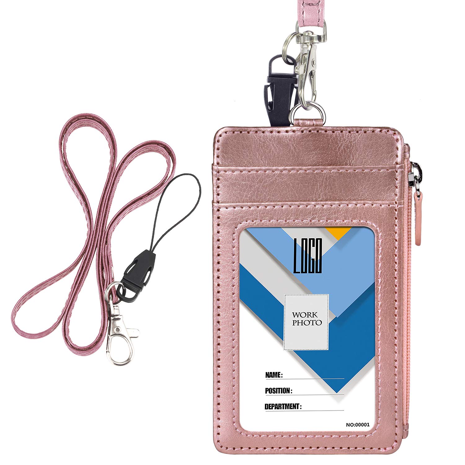 Wisdompro Badge Holder with Lanyard, Vertical PU Leather ID Card Holder with 5 Card Slots, 1 Side Zipper Pocket, Double Sided- Rose Gold